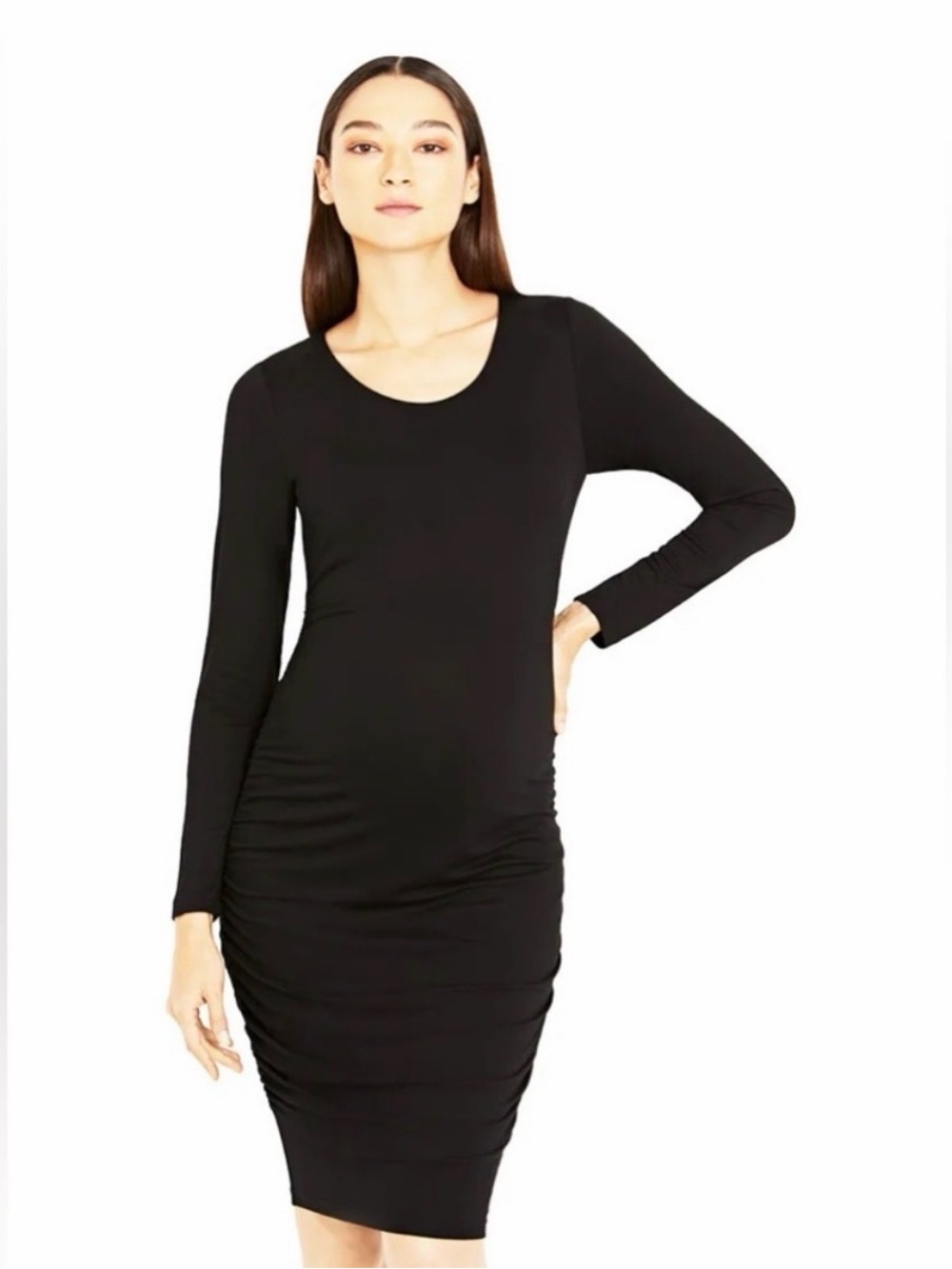 A Pea In The Pod Maternity Black Long Sleeve Ruched Luxe Scoop Neck Dress